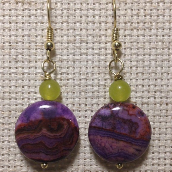 Purple Lace Agate & Olive Serpentine Stone Earrings - Picture 3 of 7